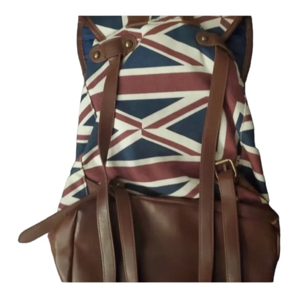 Union Jack British England UK canvas faux‎ leather red white & blue backpack